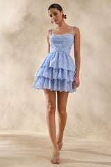 Powder Blue Lace Square-Neck Mini Dress With Ruffled Detailing