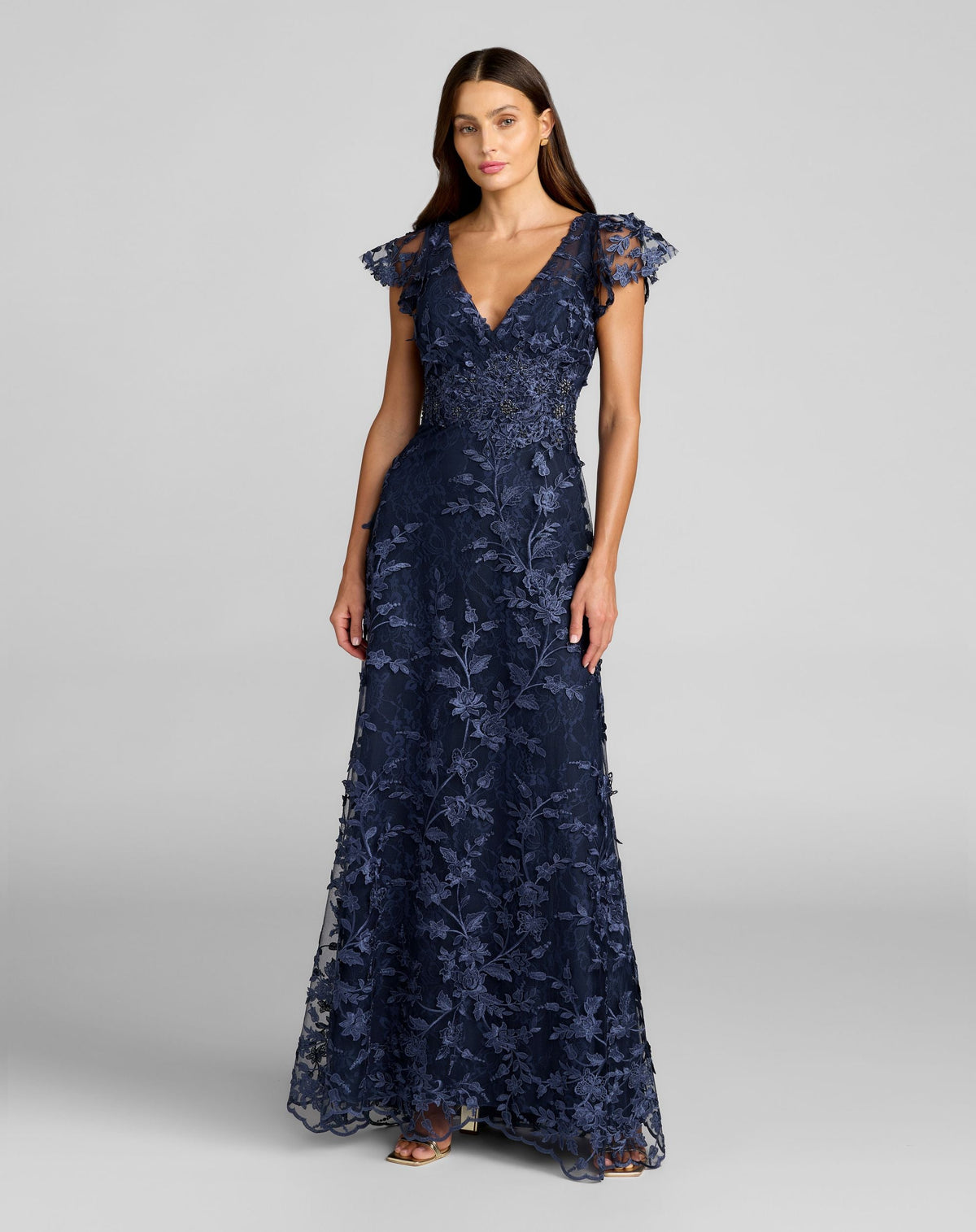 Navy Embroidered Applique Wrap Over Flutter Sleeve Gown
