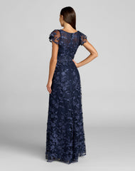 Navy Embroidered Applique Wrap Over Flutter Sleeve Gown