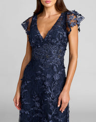Navy Embroidered Applique Wrap Over Flutter Sleeve Gown