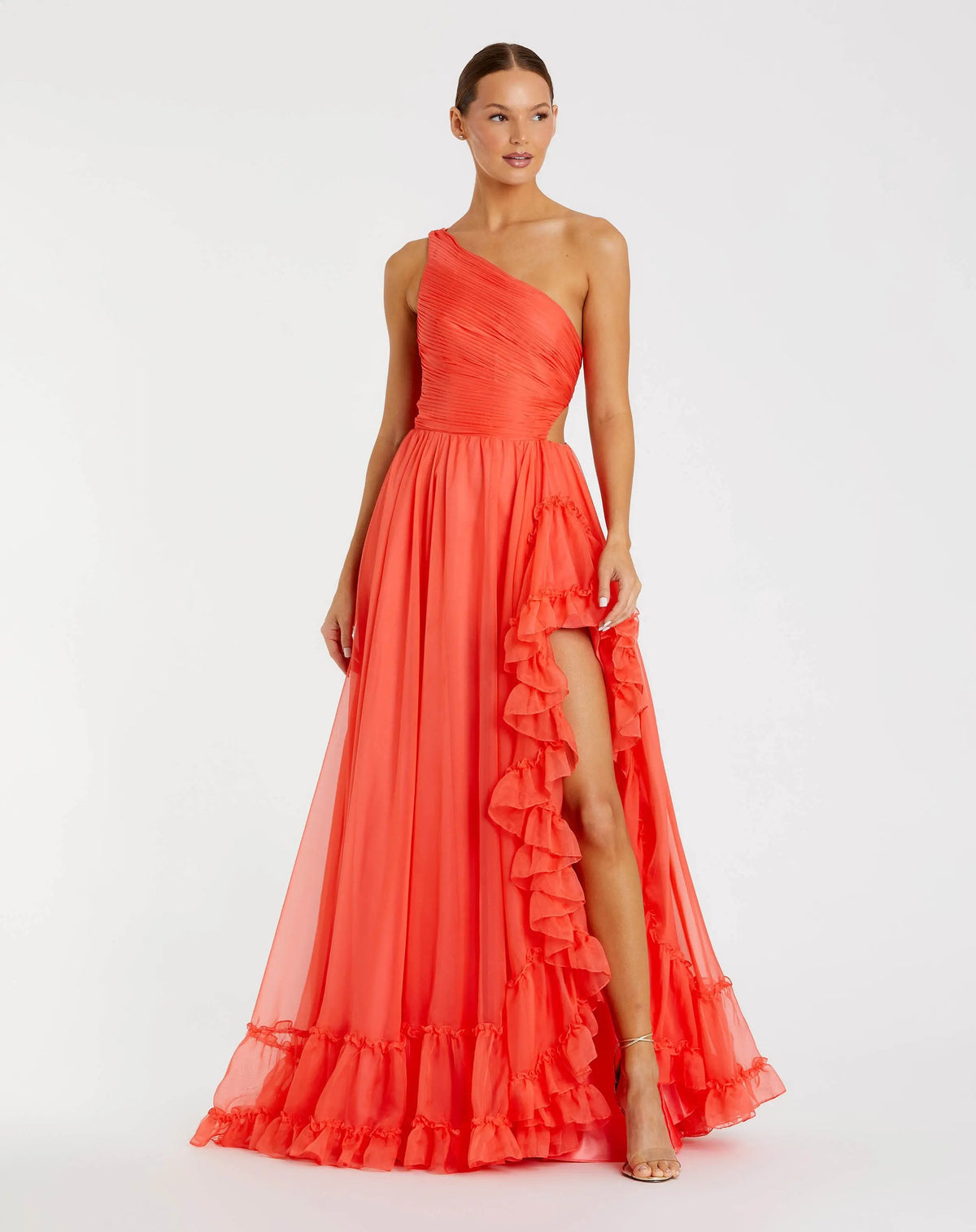 Orange One Shoulder High Low Ruffled Chiffon Gown