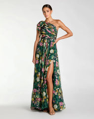 Emerald Green One Shoulder Floral Printed Chiffon Side Cut Out Gown