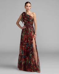 Burgundy One Shoulder Floral Printed Chiffon Side Cut Out Gown