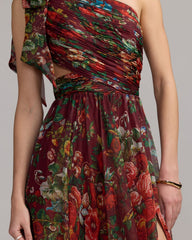 Burgundy One Shoulder Floral Printed Chiffon Side Cut Out Gown