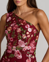 Red One Shoulder Floral Embroidered Gown