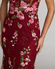 Red One Shoulder Floral Embroidered Gown