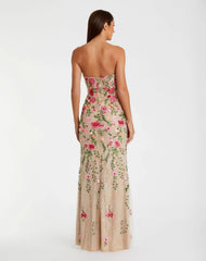 Beige Floral Embroidered Strapless Bustier Gown