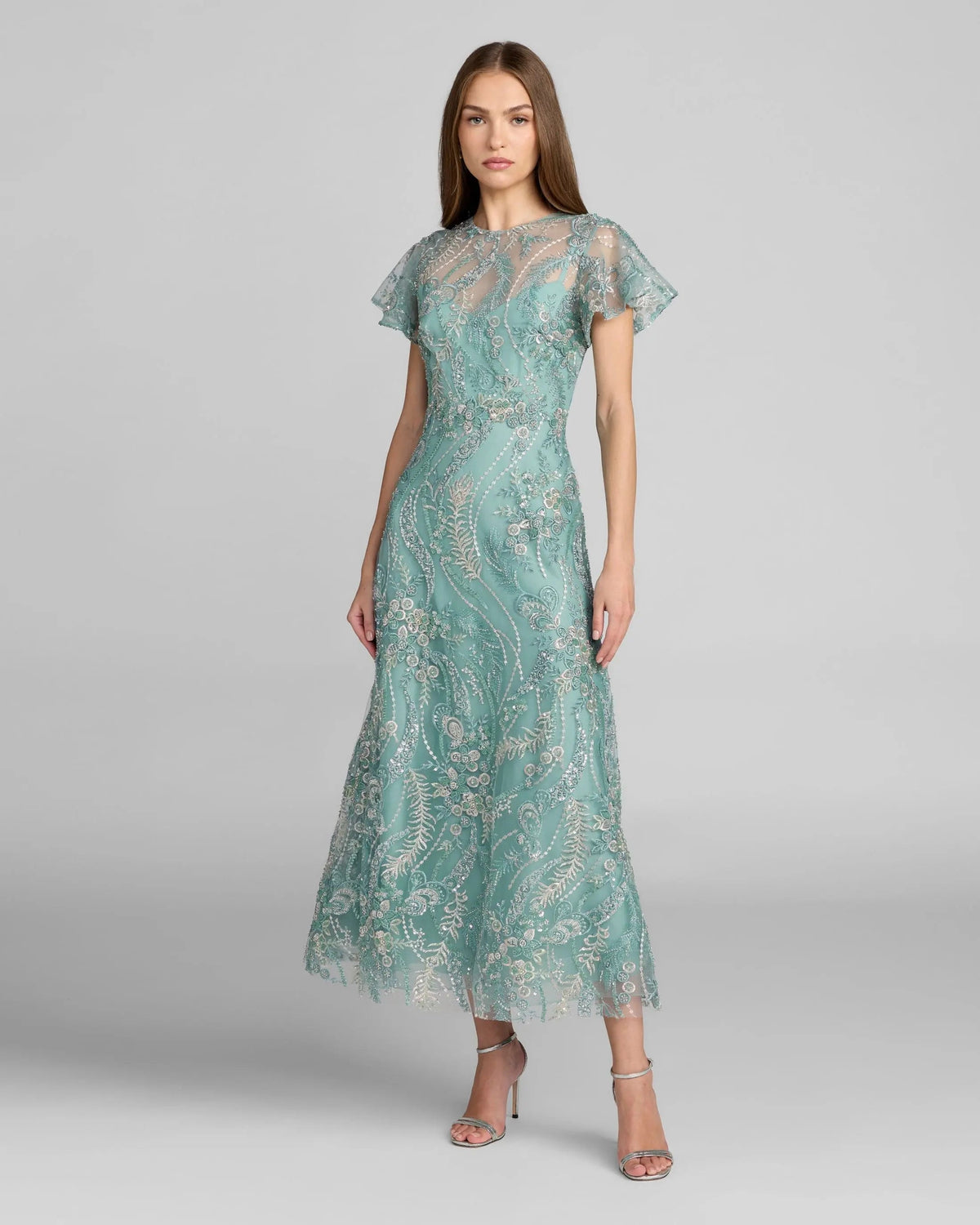 Blue Embroidered Flutter Sleeve Midi Dress
