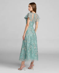 Blue Embroidered Flutter Sleeve Midi Dress