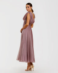 Pink Chiffon Cowl Neck Dress With 3D Flowers