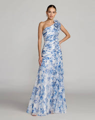 Blue Ruched Floral Chiffon Gown With 3D Ruffles