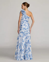 Blue Ruched Floral Chiffon Gown With 3D Ruffles