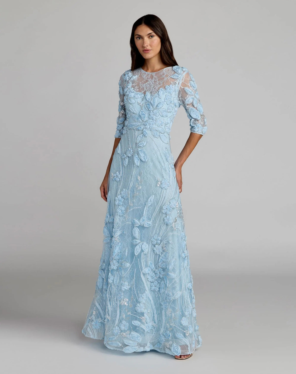 Blue High Neck Embellished Lace Gown with 3/4 Sleeves