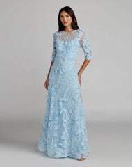 Blue High Neck Embellished Lace Gown with 3/4 Sleeves