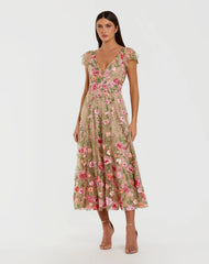 Beige Floral Embroidered Flutter Sleeve Midi Dress