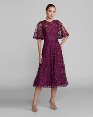 Purple Flutter Sleeve Embroidered Midi Dress