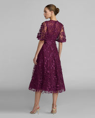 Purple Flutter Sleeve Embroidered Midi Dress