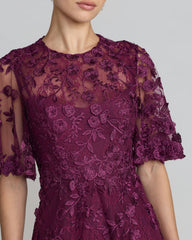 Purple Flutter Sleeve Embroidered Midi Dress