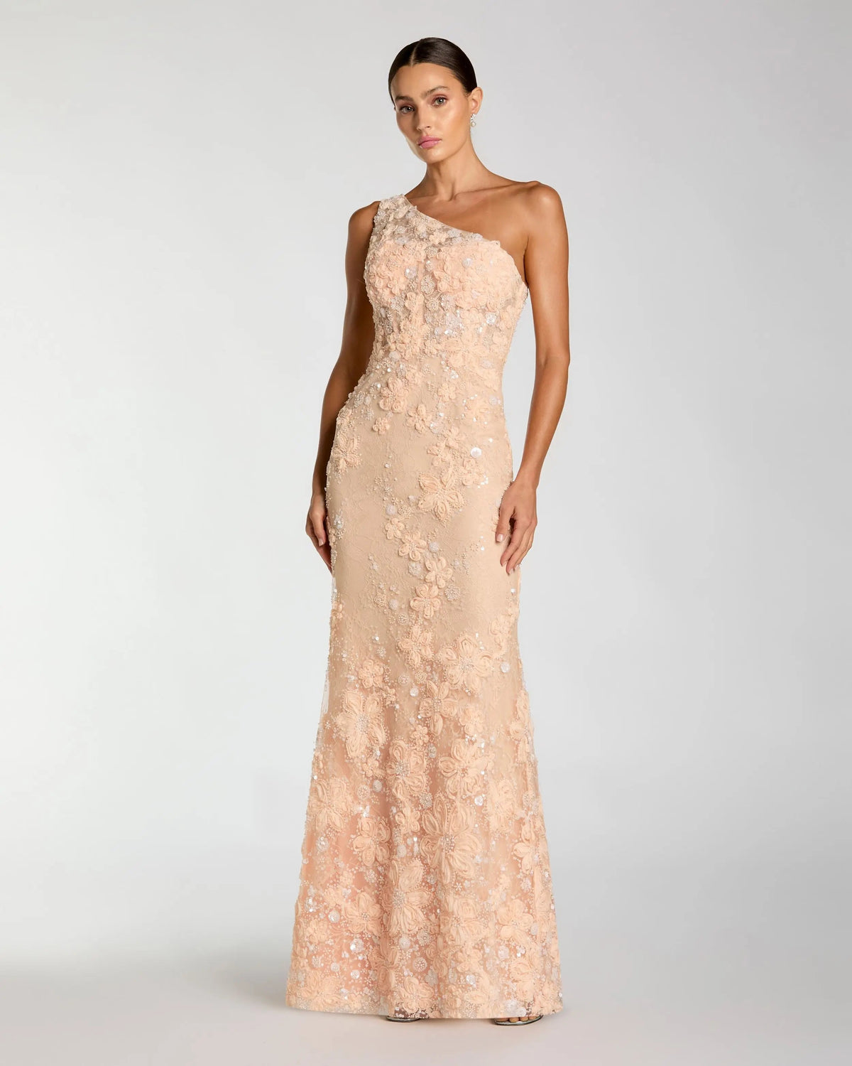Peach One Shoulder Floral Applique Sequin Gown