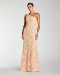 Peach One Shoulder Floral Applique Sequin Gown