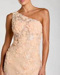 Peach One Shoulder Floral Applique Sequin Gown
