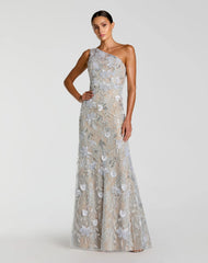 Blue Sleeveless One Shoulder Embellished Lace Gown