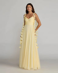 Yellow Chiffon A Line Gown With 3D Flower Straps