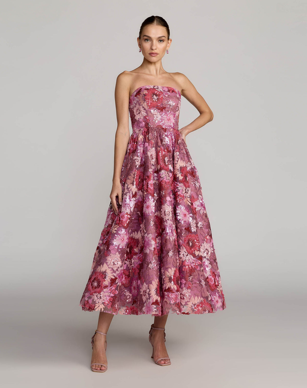 Purple Floral Sequin Strapless Midi Dress