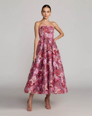 Purple Floral Sequin Strapless Midi Dress