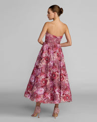 Purple Floral Sequin Strapless Midi Dress