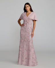 Purple Embellished Draped Cape Sleeve Gown