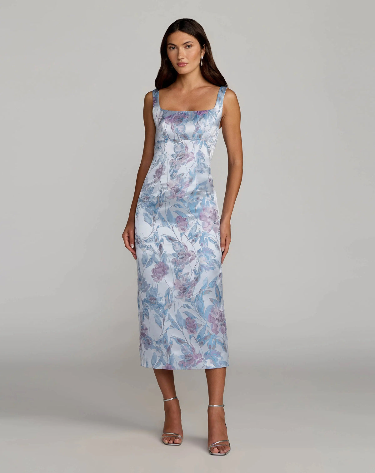 Blue Floral Square Neck Midi Dress