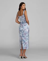 Blue Floral Square Neck Midi Dress