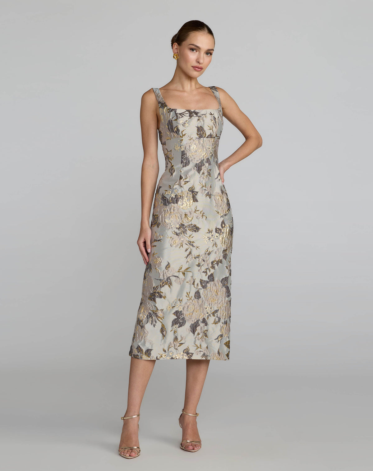 Silver Floral Square Neck Midi Dress