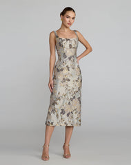 Silver Floral Square Neck Midi Dress