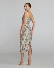 Silver Floral Square Neck Midi Dress