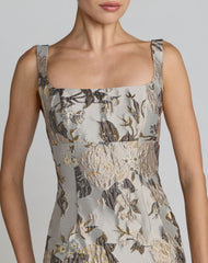Silver Floral Square Neck Midi Dress