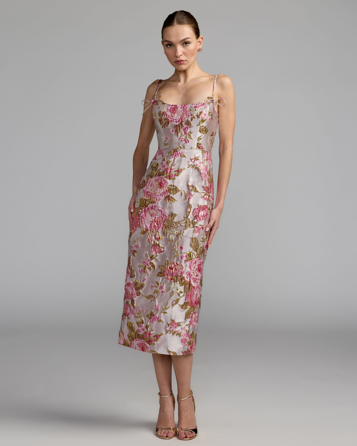 Light Pink Floral Brocade Bow Strap Midi Dress