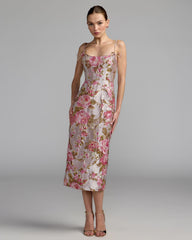 Light Pink Floral Brocade Bow Strap Midi Dress
