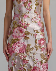Light Pink Floral Brocade Bow Strap Midi Dress
