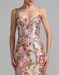 Light Pink Floral Brocade Bow Strap Midi Dress