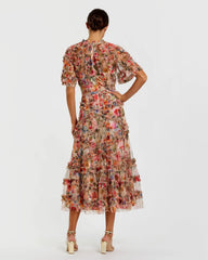 Multicolor Floral Midi Dress with Ruffle Detailing
