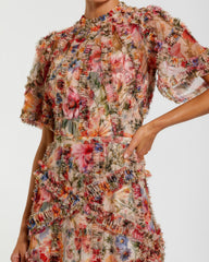 Multicolor Floral Midi Dress with Ruffle Detailing