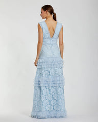 Blue V Neck Lace Tiered Ruffle Gown