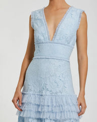 Blue V Neck Lace Tiered Ruffle Gown
