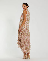 Pink Sleeveless Floral Micro Ruffle Trapeze Midi Dress