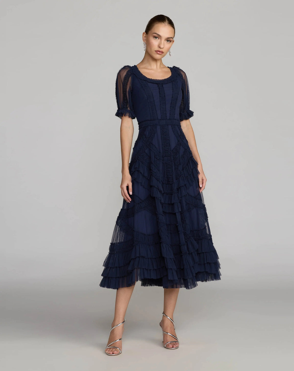 Navy Short Sleeve Micro Ruffle Midi Dress