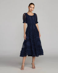 Navy Short Sleeve Micro Ruffle Midi Dress