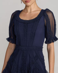 Navy Short Sleeve Micro Ruffle Midi Dress