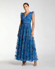 Blue Floral V-Neck Ruffle Maxi Dress